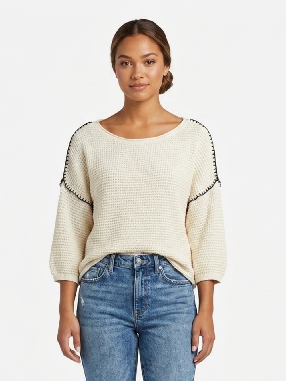 GIMMICKS Ivory 100% Cotton 3/4 Sleeve Knit Sweater Size S boho minimalist chic